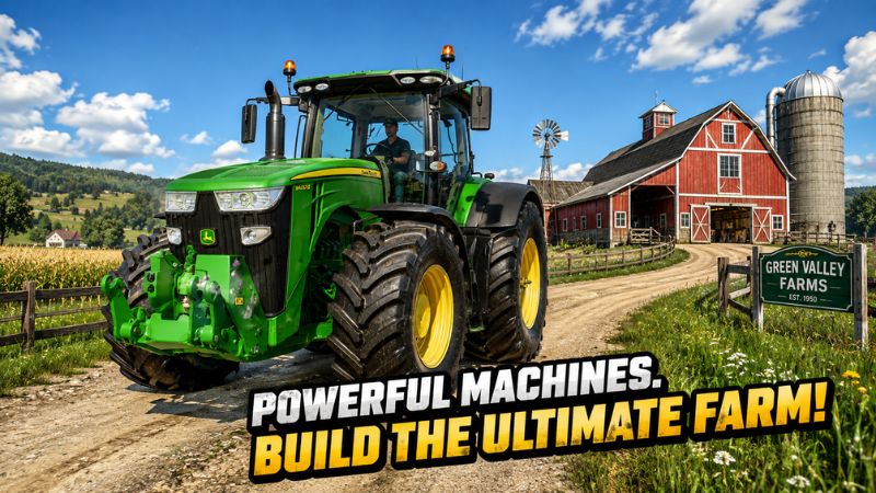 Farming Simulator 20 APK với máy kéo đang làm việc trên cánh đồng