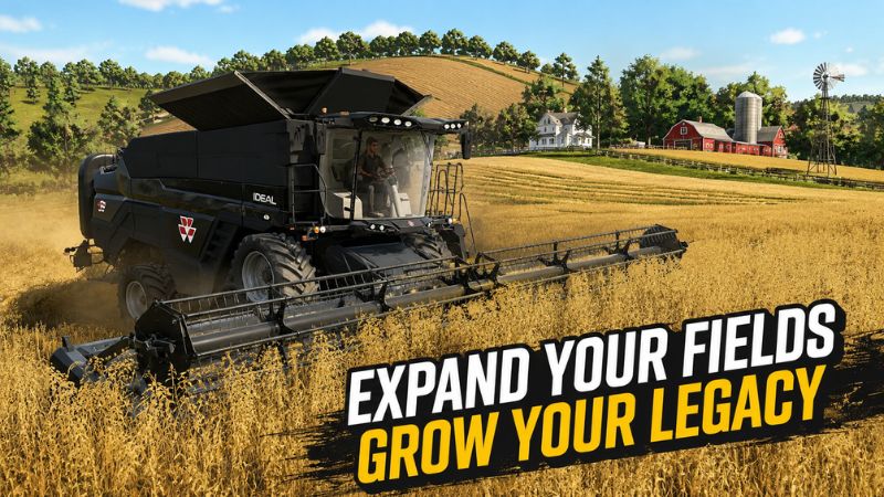 Farming Simulator 20 APK với máy thu hoạch đang xử lý nông sản trên cánh đồng