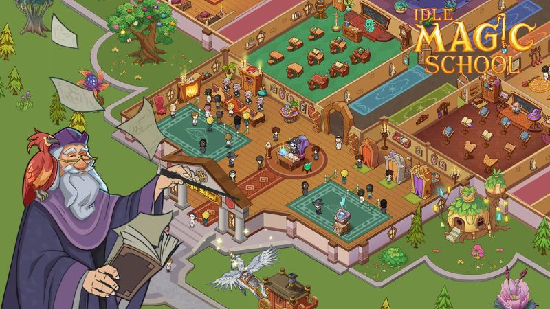 Hack Idle Magic School với khuôn viên học viện phép thuật trong rừng