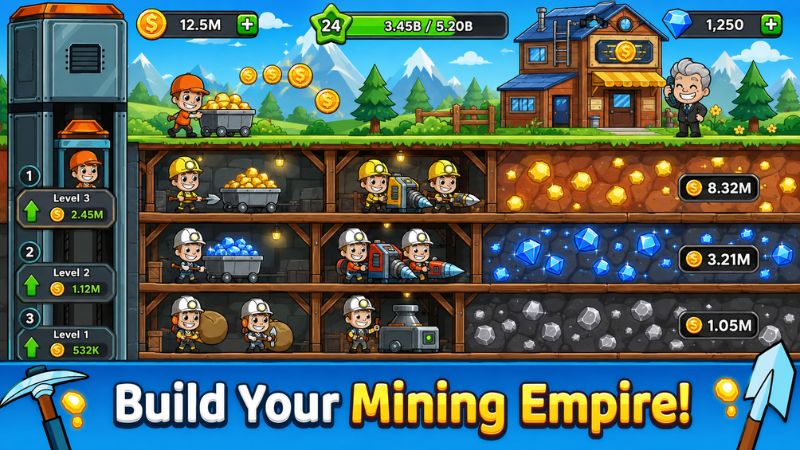 Idle Miner Tycoon Hack vô hạn tiền hỗ trợ nâng cấp và mở rộng hệ thống khai thác