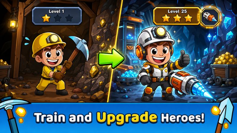 Idle Miner Tycoon Hack với hệ thống hầm mỏ và công nhân khai thác tài nguyên