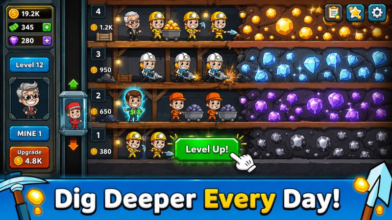 Idle Miner Tycoon Hack với nhiều tầng mine shaft đang vận hành