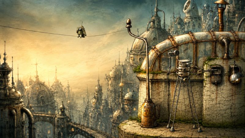 Josef đứng tại bãi phế liệu, phía xa là thành phố máy móc Machinarium với các đường ống và tòa tháp cũ.