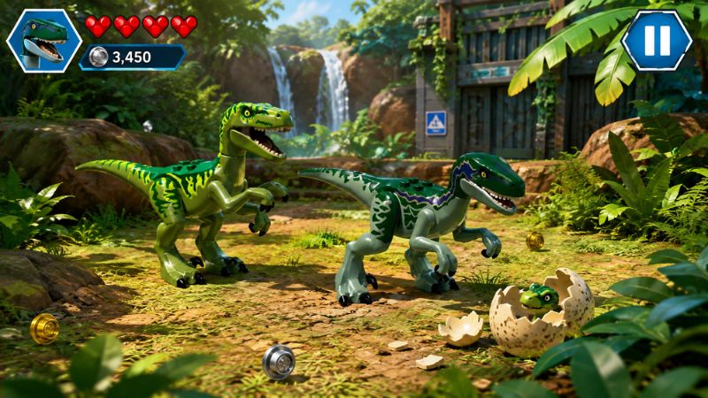 LEGO Jurassic World APK với các nhân vật và khủng long trên Isla Nublar