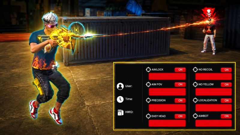 Nhân vật Free Fire di chuyển trong khu vực đô thị, HUD hiển thị súng và bản đồ nhỏ.